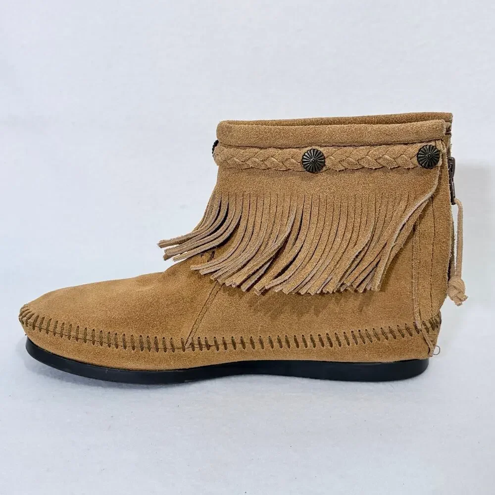 Minnetonka Ankle Boots Womens 8 Fringe Brown Suede Leather BOHO Southwestern